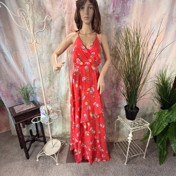 📌Lulus Many Opportunity Romantic Coral Floral Print Wrap-Style Chiffon Dress - Picture 1 of 16